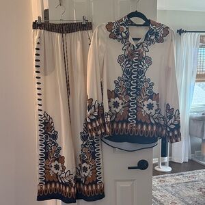 Skies Are Blue Cream Floral Print Jumpsuit Set with Brown & Navy Accents